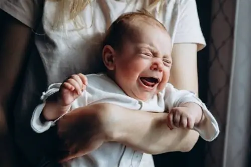 Mama ține în brațe copilul care plânge